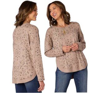 Democracy Drop Shoulder Sleeve Scoop Neck Printed Hi-Low Hem Knit Top Medium